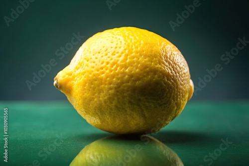 Close-up of vibrant lemon and green leave on dark background