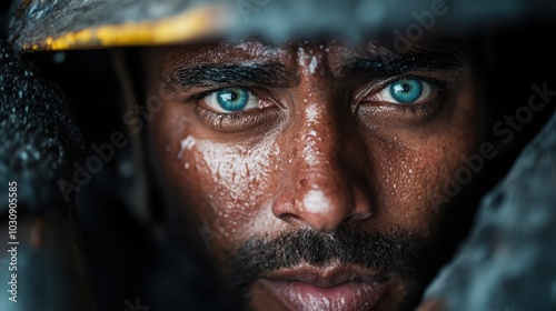 A focused firefighter, eyes ablaze, captured in a close-up during a fierce fire, highlighting determination and bravery in the face of chaos and danger.