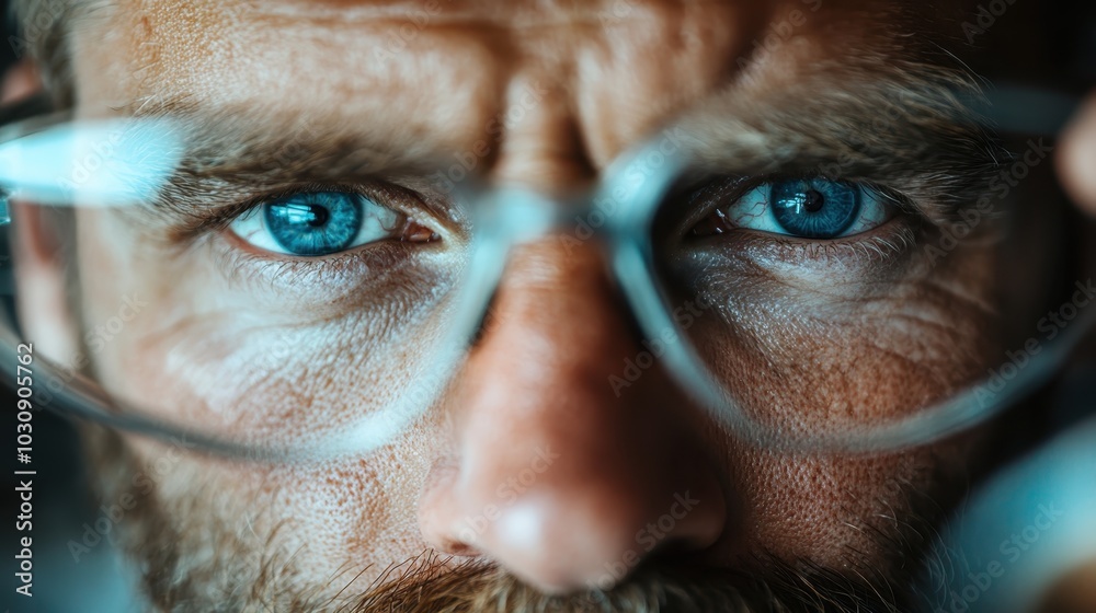 A detailed close-up shot capturing the intense blue eyes of a man wearing clear eyeglasses. The image emphasizes the man's thoughtful and focused expression. A detailed close-up shot capturing the intense blue eyes of a man wearing clear eyeglasses. The image emphasizes the man's thoughtful and focused expression.
