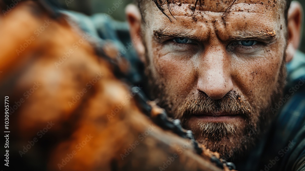 A rugged man with an intense gaze is portrayed holding a chainsaw, conveying determination and strength. The scene captures rawness and masculinity powerfully.