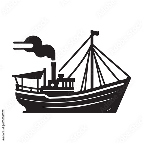 Junk boat silhouette on white background
