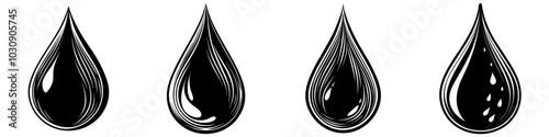 line art vector illustration collection of water droplet with wood cutting style. isolate on a white background. SVG and PNG
