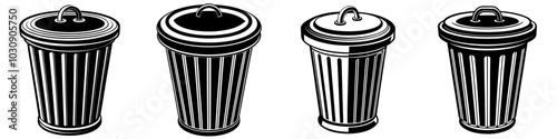 line art vector illustration collection of trash bin with wood cutting style. isolate on a white background. SVG and PNG
