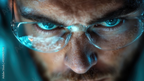 The image features a man with glasses intensely focused, suggesting calculated intent and precision. His demeanor is calculating with a techno-modern backdrop. photo