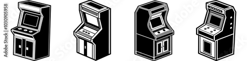 line art vector illustration collection of arcade machine with wood cutting style. isolate on a white background. SVG and PNG
