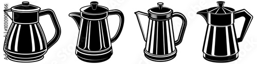 line art vector illustration collection of coffee pot with wood cutting style. isolate on a white background. SVG and PNG
