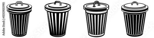 line art vector illustration collection of trash can with wood cutting style. isolate on a white background. SVG and PNG
