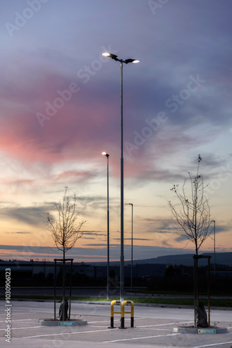 modern LED street lights during the sunset