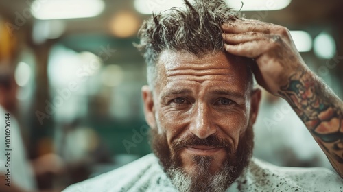 A rugged man with a stylish beard gets his hair styled at a barbershop, exposing detailed tattoos on his arm, highlighting personal style and modern masculinity. photo