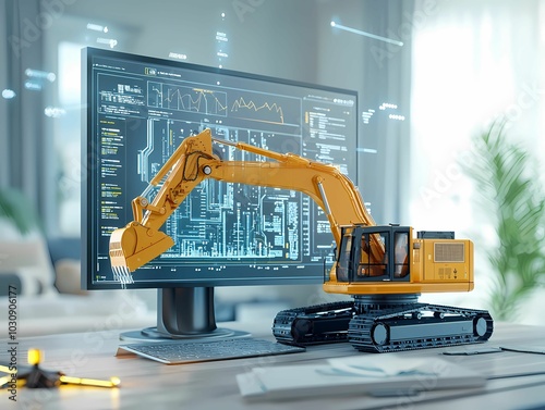 A miniature excavator sits on a desk next to a computer displaying engineering designs, symbolizing the blend of technology and construction.
