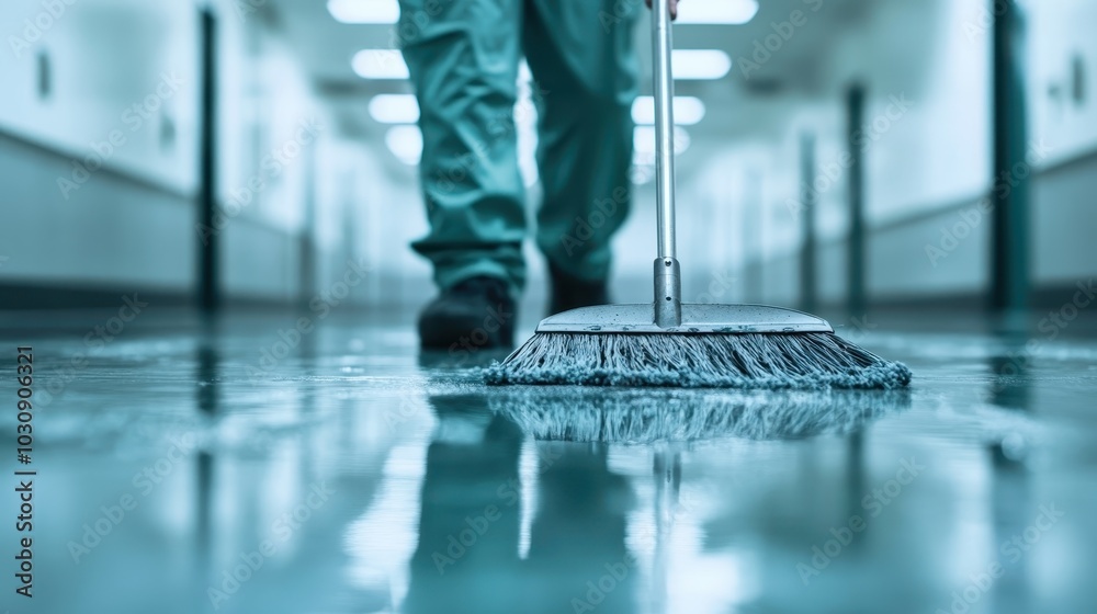 A person is shown paying close attention to cleaning a hospital corridor, exemplifying thoroughness, responsibility, and attention to detail for a healthy environment. A person is shown paying close attention to cleaning a hospital corridor, exemplifying thoroughness, responsibility, and attention to detail for a healthy environment.