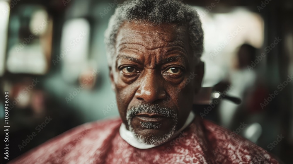 A striking image of an elderly man with a deep, focused expression as he receives a haircut, revealing his character and the calm moment captured inside a barbershop. A striking image of an elderly man with a deep, focused expression as he receives a haircut, revealing his character and the calm moment captured inside a barbershop.