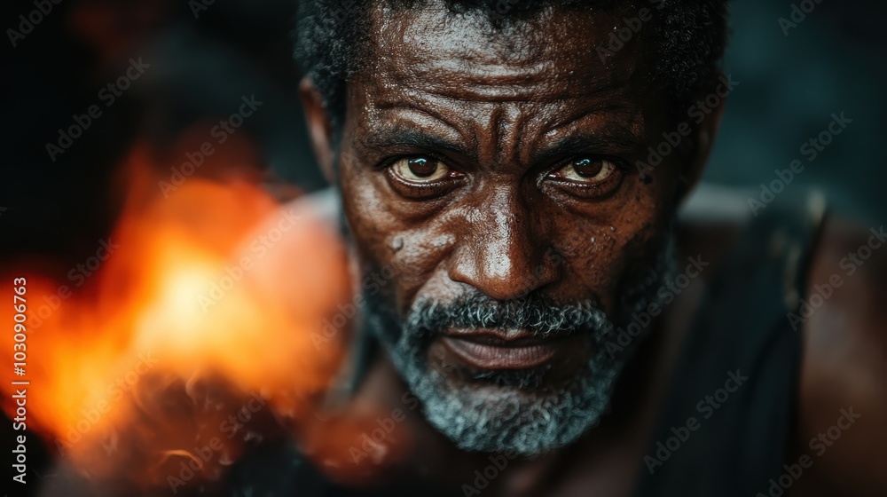 A blacksmith's intense gaze is captured amidst the fire and determination of his craft, conveying raw emotion and unyielding commitment. A blacksmith's intense gaze is captured amidst the fire and determination of his craft, conveying raw emotion and unyielding commitment.