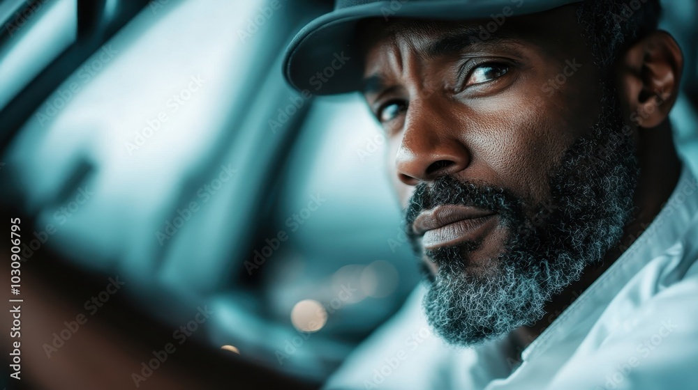 Serious man with graying hair wearing a cap, driving a car with a determined expression, suggesting focus and determination on his personal journey ahead.