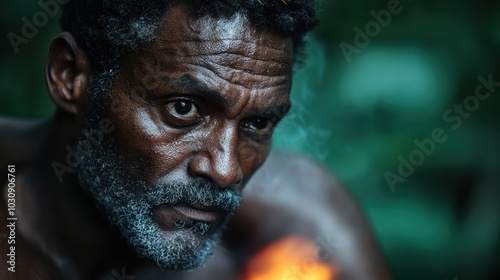 A focused man with gray hair and beard, intensely looking into a fire in a natural setting, surrounded by greenery, creating a moment of deep contemplation.