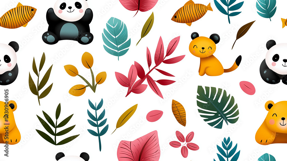 Cute and colorful animal and leaf patterns featuring pandas, tigers, and various tropical leaves create playful and vibrant design. Perfect for childrens decor or playful projects
