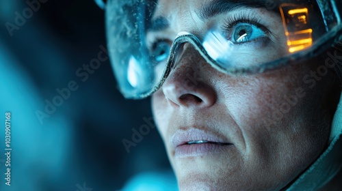 A close-up of a climber's expressive gaze, wearing goggles and a helmet, reflecting inner strength and resolve, embodying the adventurous spirit of exploration. photo