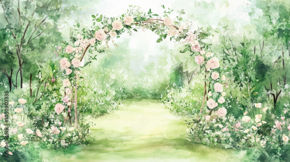Fototapeta premium Whimsical Garden Wedding Arch with Romantic Floral Archway in Soft Daylight