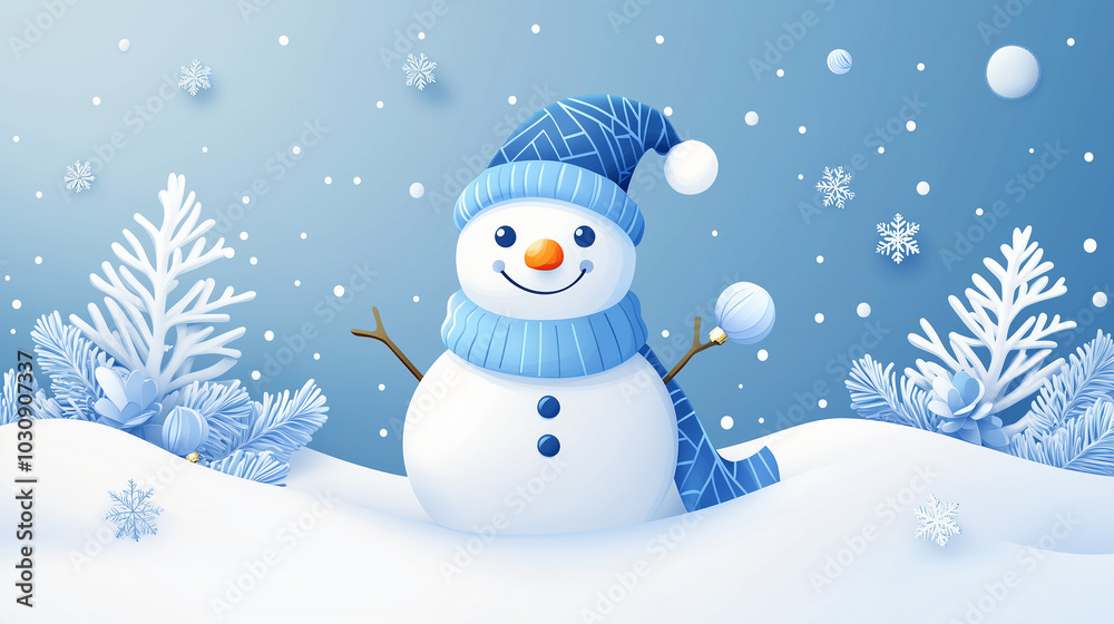 Fototapeta premium Cheerful snowman wearing a blue hat and scarf in a snowy winter landscape with snowflakes