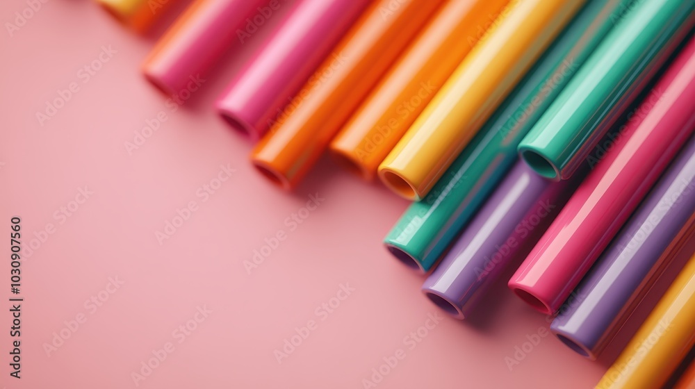 Brightly colored plastic straws arrayed neatly on a pastel pink surface. The vibrant arrangement emphasizes modern design, playfulness, and contemporary aesthetics. Brightly colored plastic straws arrayed neatly on a pastel pink surface. The vibrant arrangement emphasizes modern design, playfulness, and contemporary aesthetics.