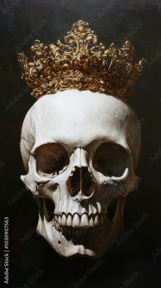 Human skull with a gold crown is resting against a black background, evoking themes of mortality and the fleeting nature of power Human skull with a gold crown is resting against a black background, evoking themes of mortality and the fleeting nature of power