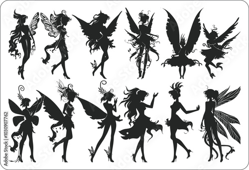 Fairy silhouette collections, Set of fairy silhouettes, Magical fairies silhouettes,Fairy silhouette, Fairy silhouette set, Vector collection of fairies silhouettes
