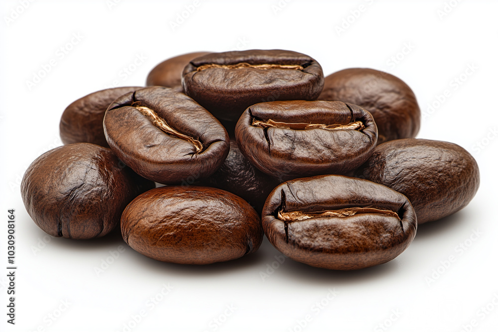 High-Resolution Close-Up of Glossy Roasted Coffee Beans Isolated on White Background