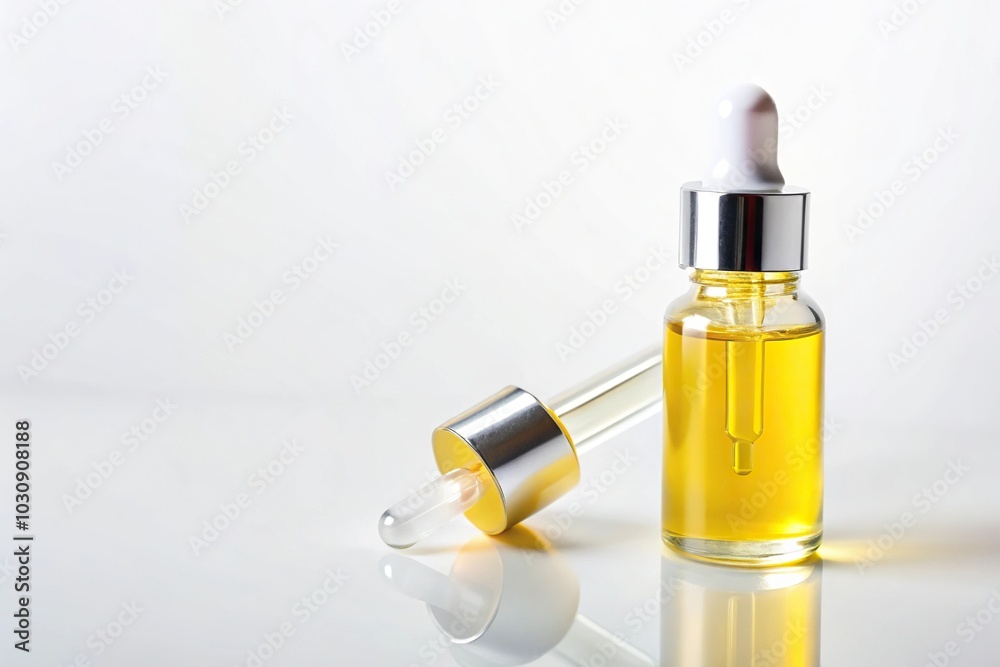 Naklejka premium Cosmetic dropper with yellow anti-aging serum on white background