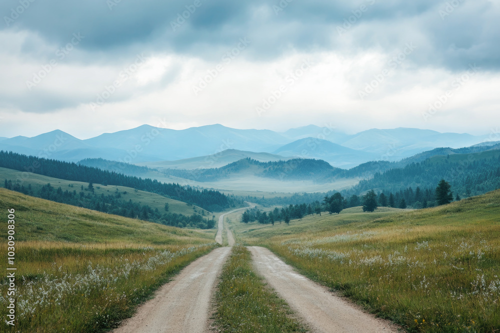 Fototapeta premium Serene country road winding through lush green hills and misty mountains under moody skies