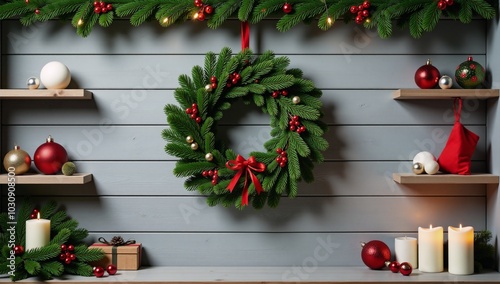 A Christmas-themed gray wooden background with decorations photo