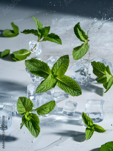 Hojas de menta verde fresca flotando en el aire, rodeadas de cubitos de hielo y salpicaduras de agua
 photo