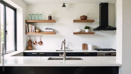 A light-filled kitchen scene showcasing a modern kitchen space complete with a bar counter sink and an organized array of kitchen appliances on open shelves