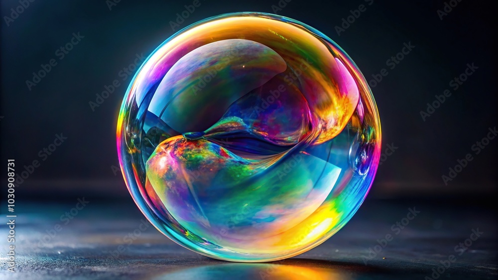 Colorful soap bubble with iridescence on dark background