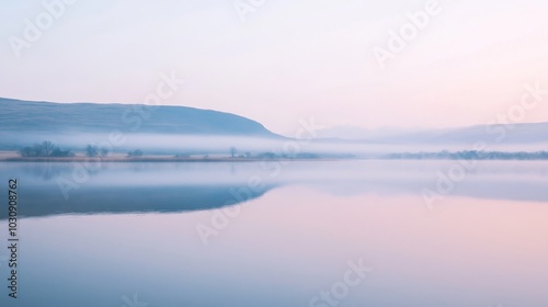 Morning mist rises over a tranquil lake, painting the sky in soft pastel colors. Hills and mountains reflect in the calm water, creating a serene atmosphere. Perfect as a peaceful background