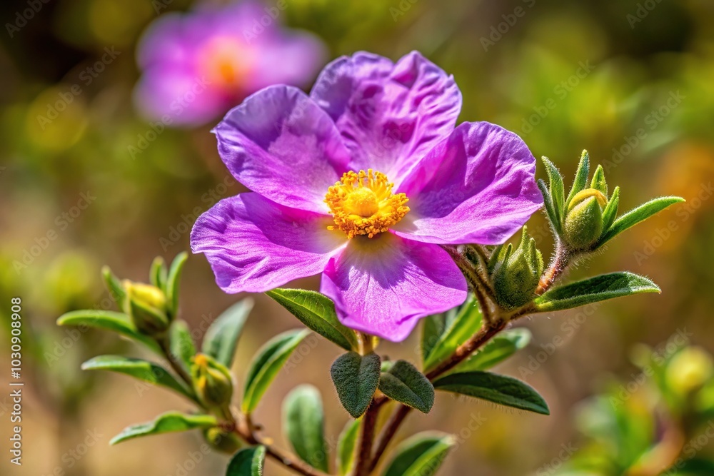 Fototapeta premium Close-up of cistus symphytifolius wild plant with purple flower in natural setting