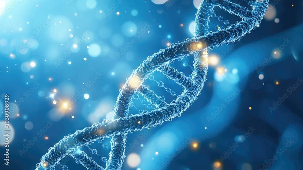 Transparent detailed DNA strand on modern scientific technology blue Transparent detailed DNA strand on modern scientific technology blue