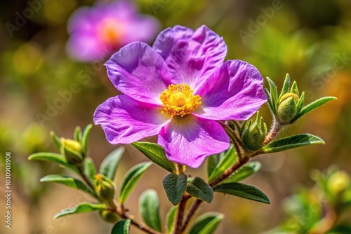 Close-up of cistus symphytifolius wild plant with purple flower in natural setting photo