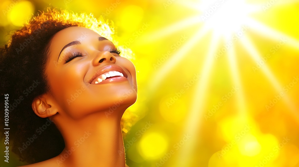 A smiling woman with her eyes closed enjoys the sunshine. A smiling woman with her eyes closed enjoys the sunshine.