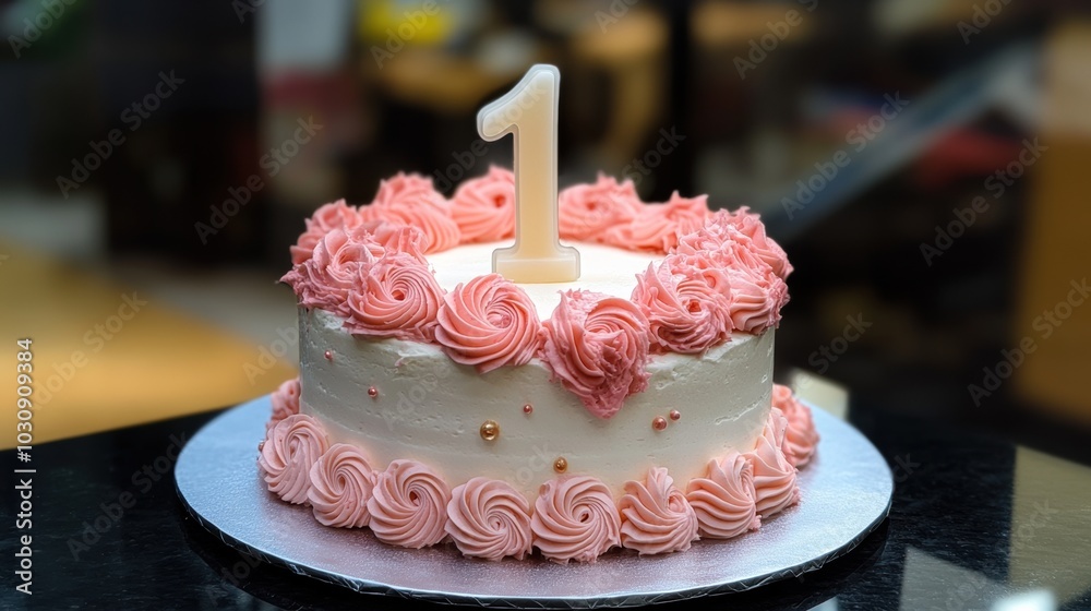 First birthday cake decorated with pink frosting and a numeral candle First birthday cake decorated with pink frosting and a numeral candle