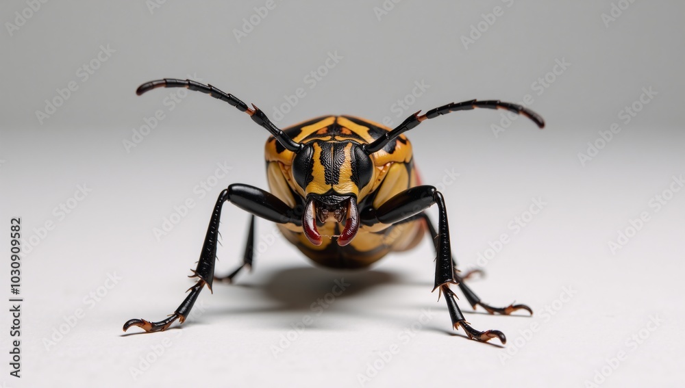 A vibrant beetle with bright colors and noticeable antennae is featured against a crisp white backdrop as captivating wildlife art A vibrant beetle with bright colors and noticeable antennae is featured against a crisp white backdrop as captivating wildlife art