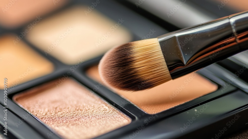Brush applying eyeshadow on a makeup palette in natural light Brush applying eyeshadow on a makeup palette in natural light