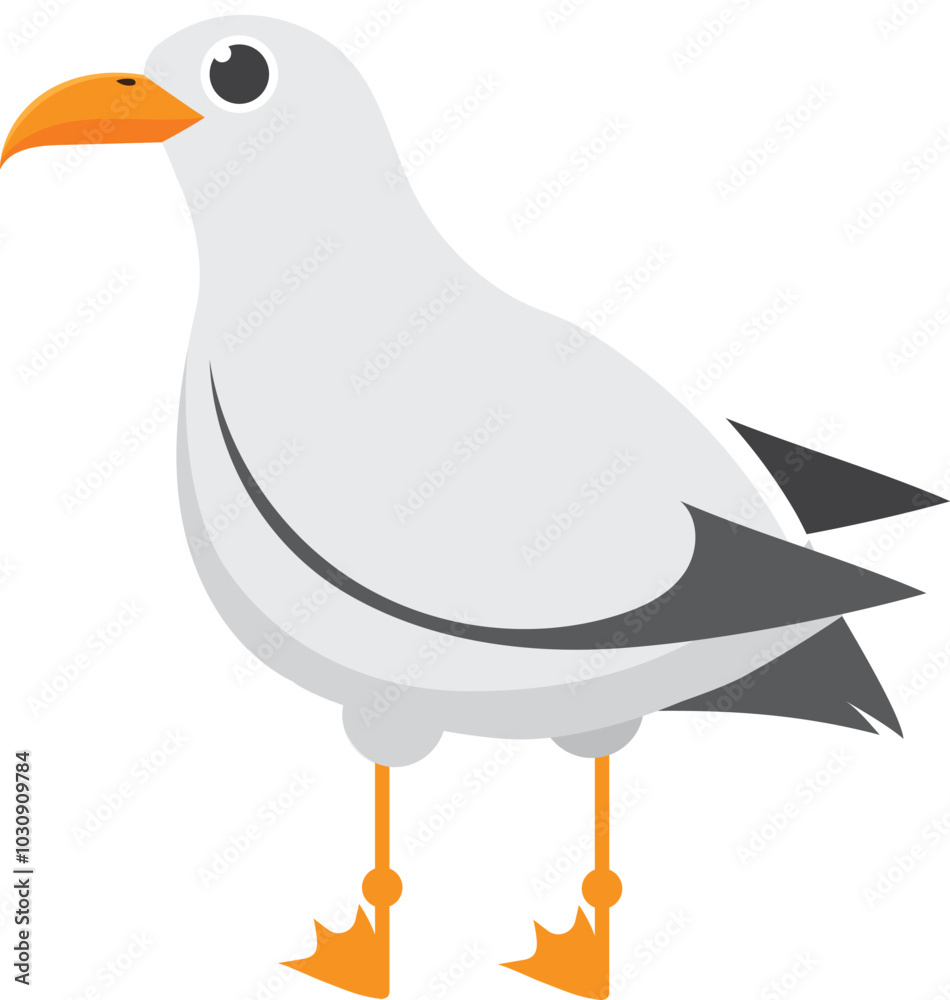 Obraz premium Charming cartoon seagull standing gracefully on vibrant orange webbed feet. Showcasing its pristine white body. Sleek gray wings. And striking orange beak. Perfect for wildlife. Nature