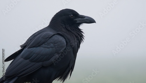 Misty scene showcases a dark raven boasting intricately detailed feathers