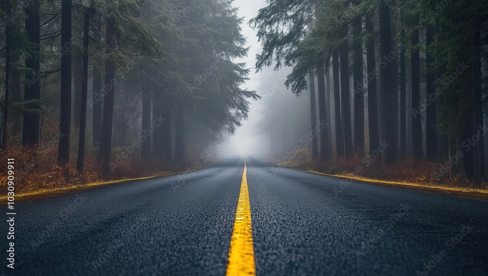 Fototapeta premium Straight Forest Road with Yellow Lines and a Foggy Atmosphere in High-Quality Photography
