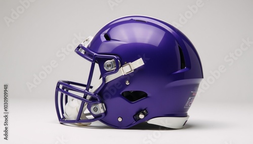 A purple-and-blue football helmet set against a white backdrop