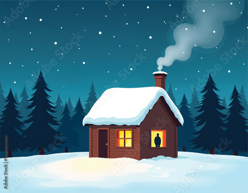 vector illustration of a cabin in the pine woods with a man standing inside cabin in the snow