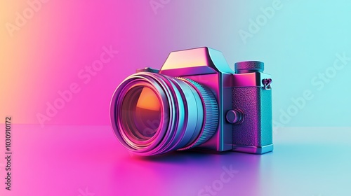 Vintage camera bathed in a neon color scheme, showcasing a blend of classic design and modern aesthetics. The image evokes a sense of nostalgia with a contemporary twist