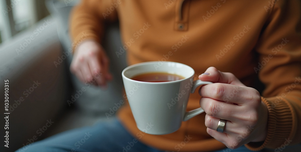 Person holding a cup of tea while relaxing on comfortable sofa Person holding a cup of tea while relaxing on comfortable sofa