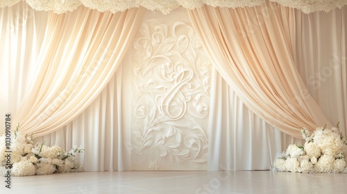 Wedding Ceremony Banner Featuring Embossed Monogram in Whites and Creams