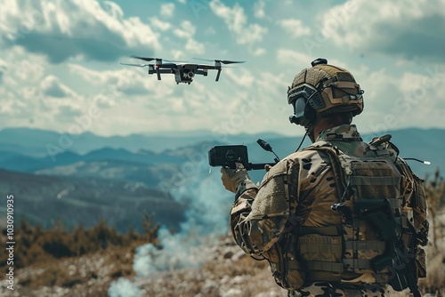 Soldier operating a drone in a field, wearing camouflage gear and helmet, with the drone hovering in the air during a reconnaissance mission